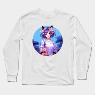 Cat girl digital anime painting Long Sleeve T-Shirt